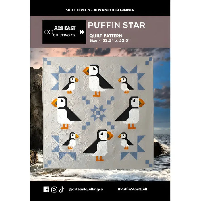 Puffin Star Quilt pattern featuring puffins and blue star blocks by Art East Quilting