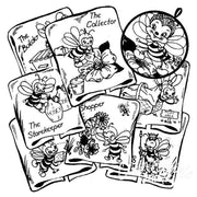 Collection of cartoon trading cards featuring busy bee characters from Aunt Martha’s