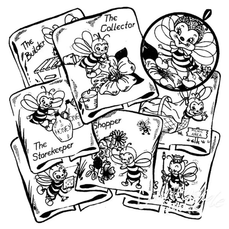Collection of cartoon trading cards featuring busy bee characters from Aunt Martha’s