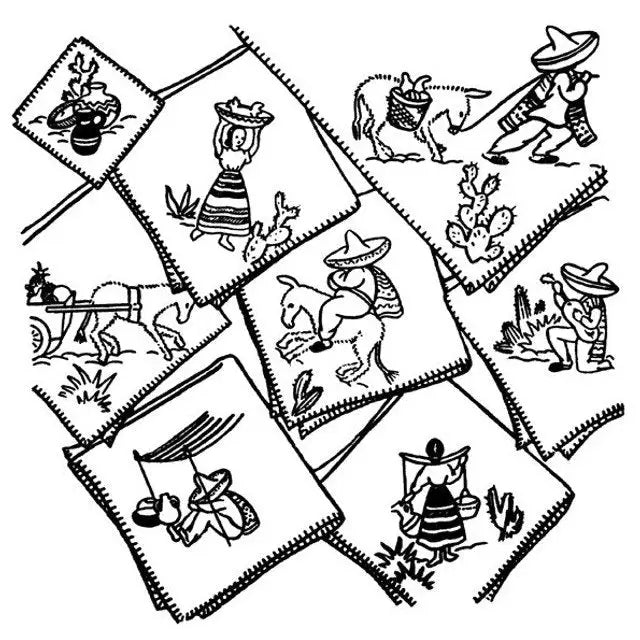 Aunt Martha’s #9475 Down Mexico Way features Mexican-themed line drawings in diamond panels