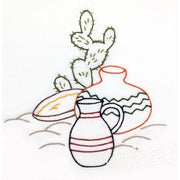 Simple line drawing of pottery vessels and a cactus plant in Aunt Martha’s Down Mexico Way