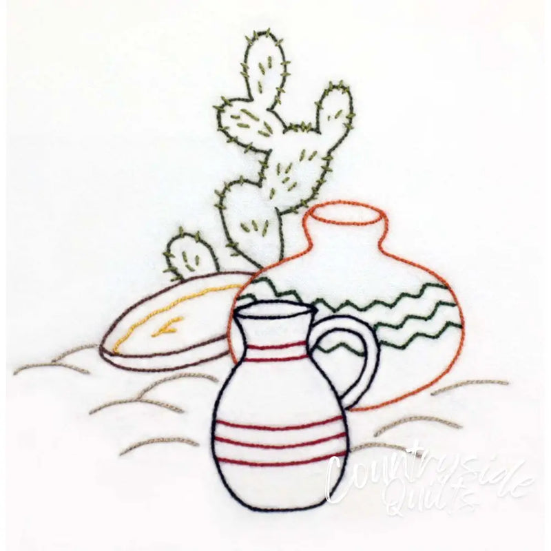 Simple line drawing of pottery vessels and a cactus plant in Aunt Martha’s Down Mexico Way