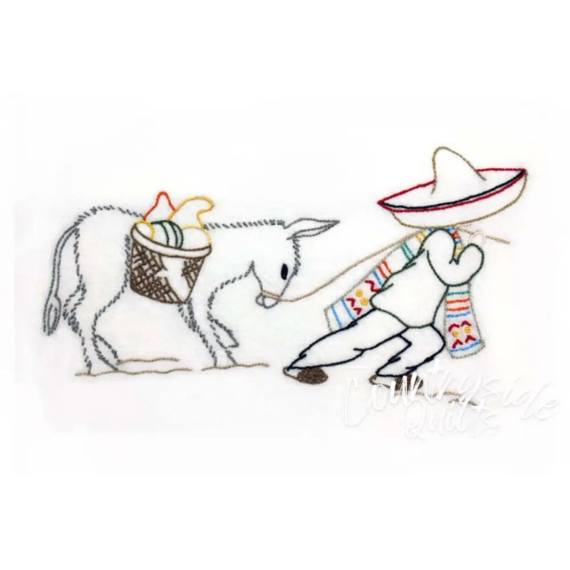 Simple sketch of a donkey and dancer in traditional attire for Aunt Martha’s quilting design