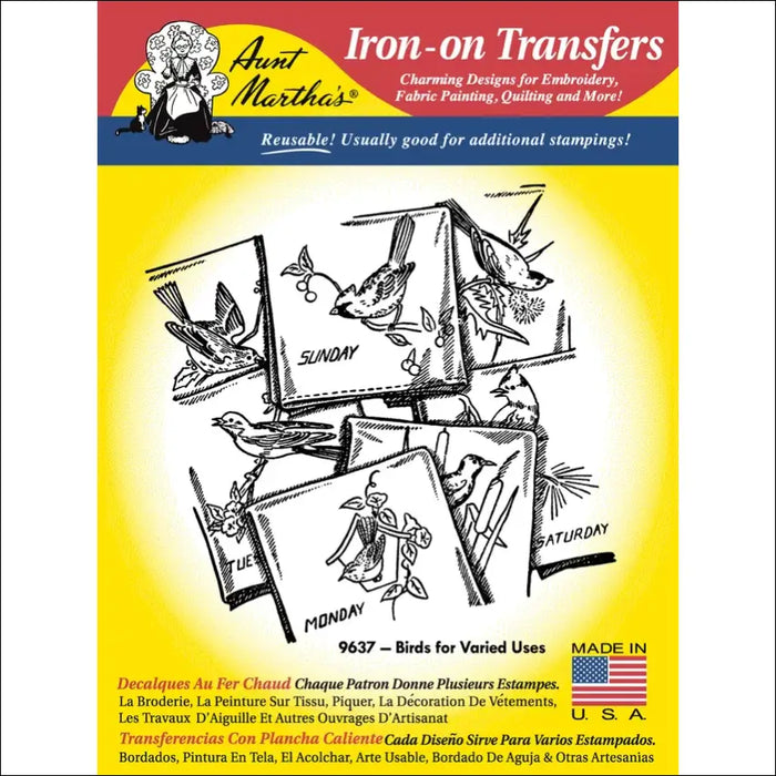 Vintage iron-on transfer pattern sheet of birds from Aunt Martha’s for countryside quilts