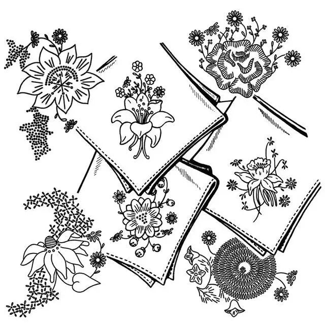 Floral embroidered handkerchiefs from Aunt Martha’s® #3605 Posies for Linens with embroidery transfer