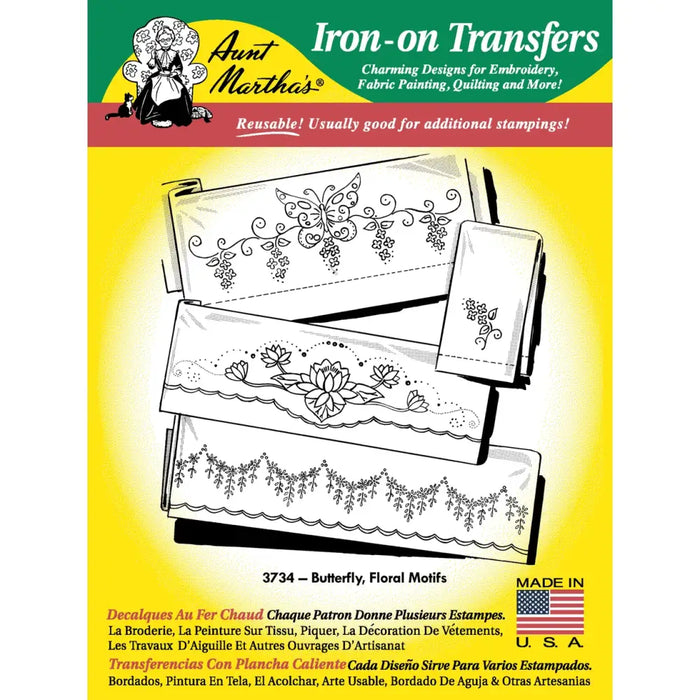 Aunt Martha’s® iron-on transfers featuring floral motifs and butterfly & floral designs