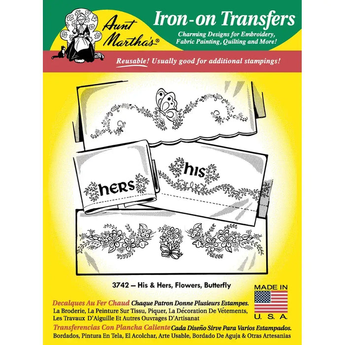 Aunt Martha’s® iron-on transfers featuring flowers and butterfly for countryside quilts