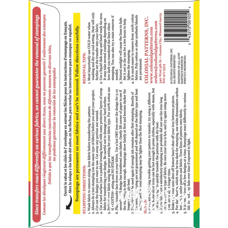 Stamping transfer instructions for Aunt Martha’s® charming designs on countryside quilts