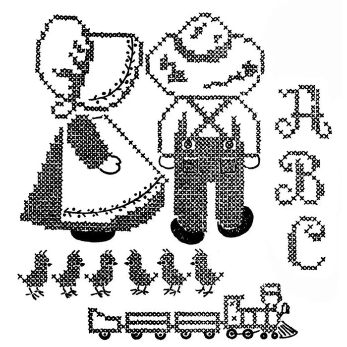 Cross-stitched countryside quilts featuring Sunbonnet Sue and Overall Bill by Aunt Martha’s®