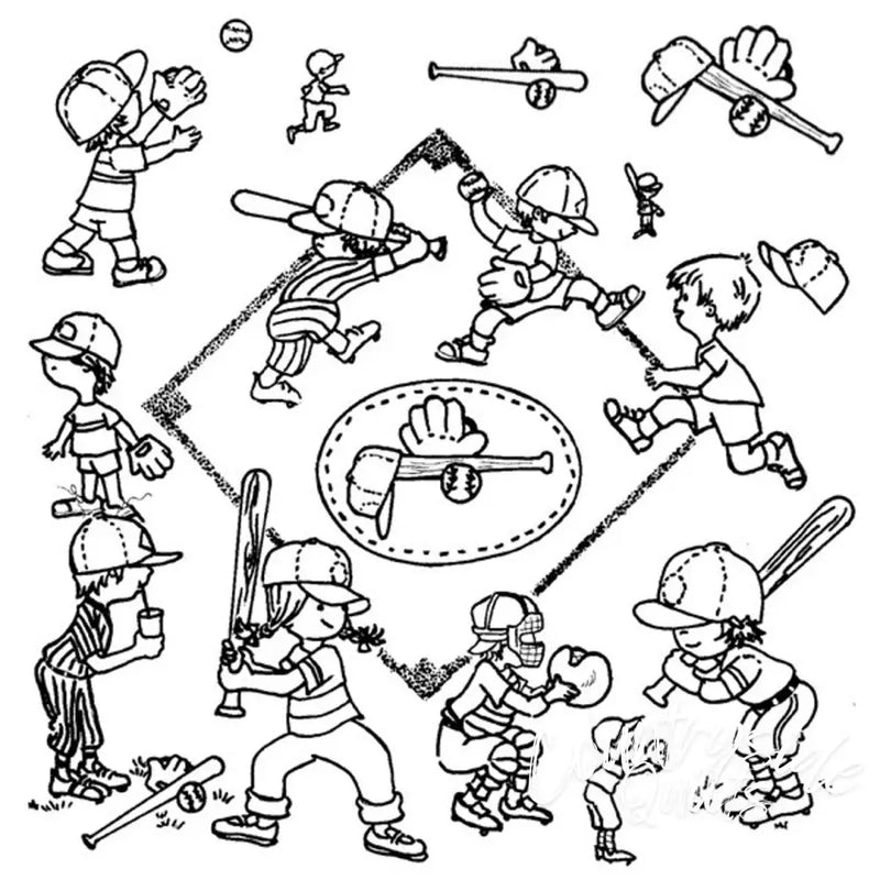 Baseball-themed cartoon drawing from Aunt Martha’s® Lil’ Leaguers countryside quilts collection
