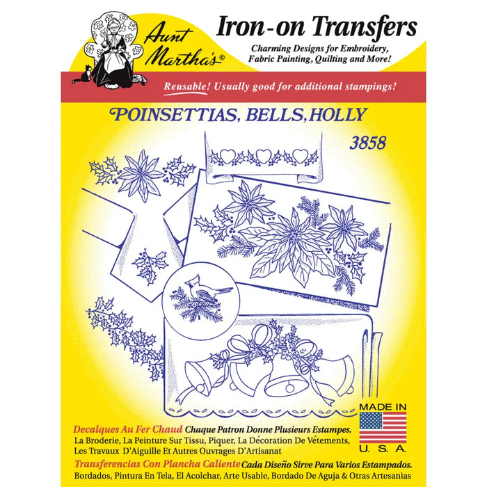 Iron-on embroidery transfer sheet for Aunt Martha’s® Bells & Holly design, perfect for Countryside Quilts