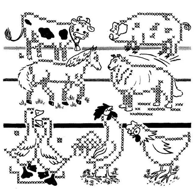 Cross-stitched farmyard animals on Aunt Marthas® countryside quilts for embroidery projects