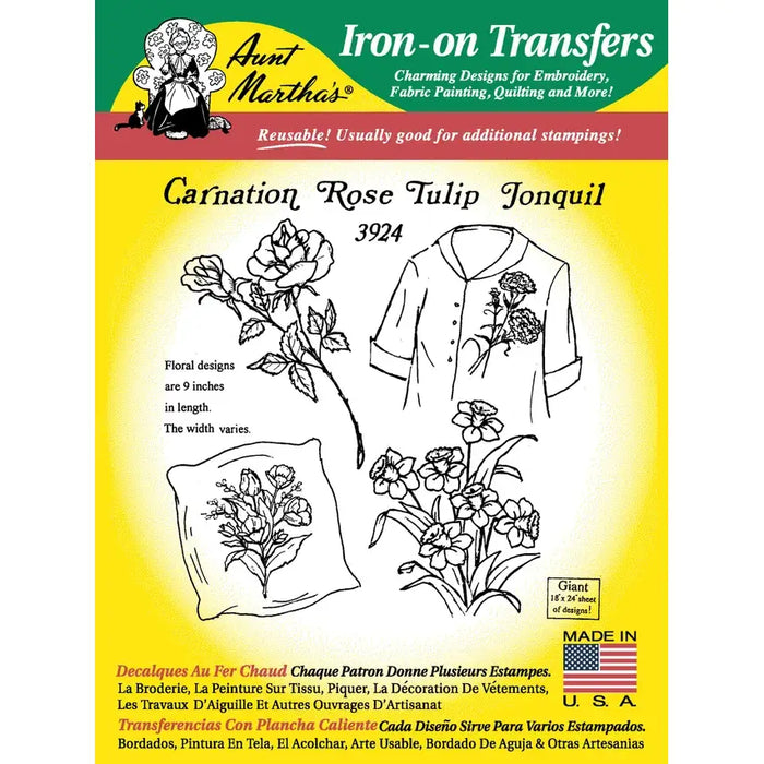 Iron-on transfer pattern featuring large carnation for Aunt Marthas® countryside quilts
