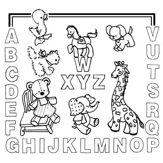Alphabet-themed coloring page with toys from Aunt Martha’s Kid’s Letter Sampler countryside quilts