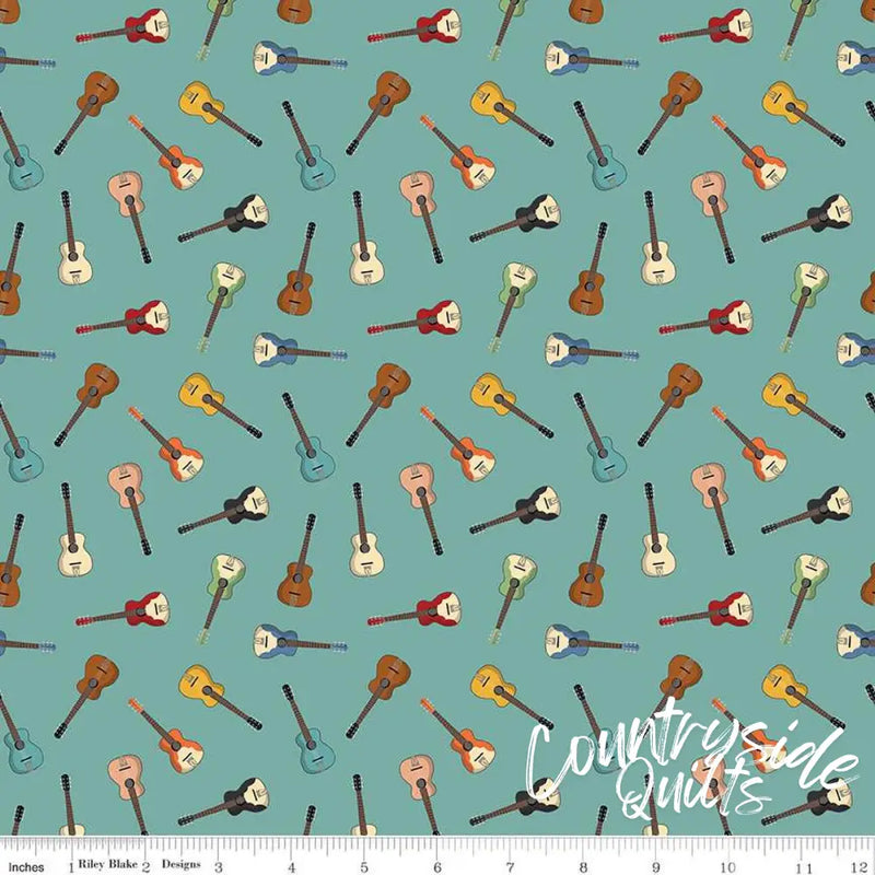 Riley Blake Designs Cowboys Guitars Teal 44’’