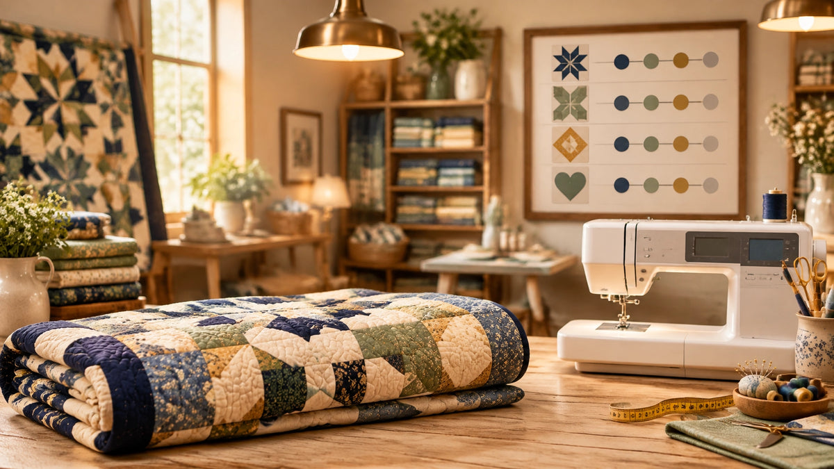 A folded quilt and sewing machine in a warmly lit service workshop with an organized project status board
