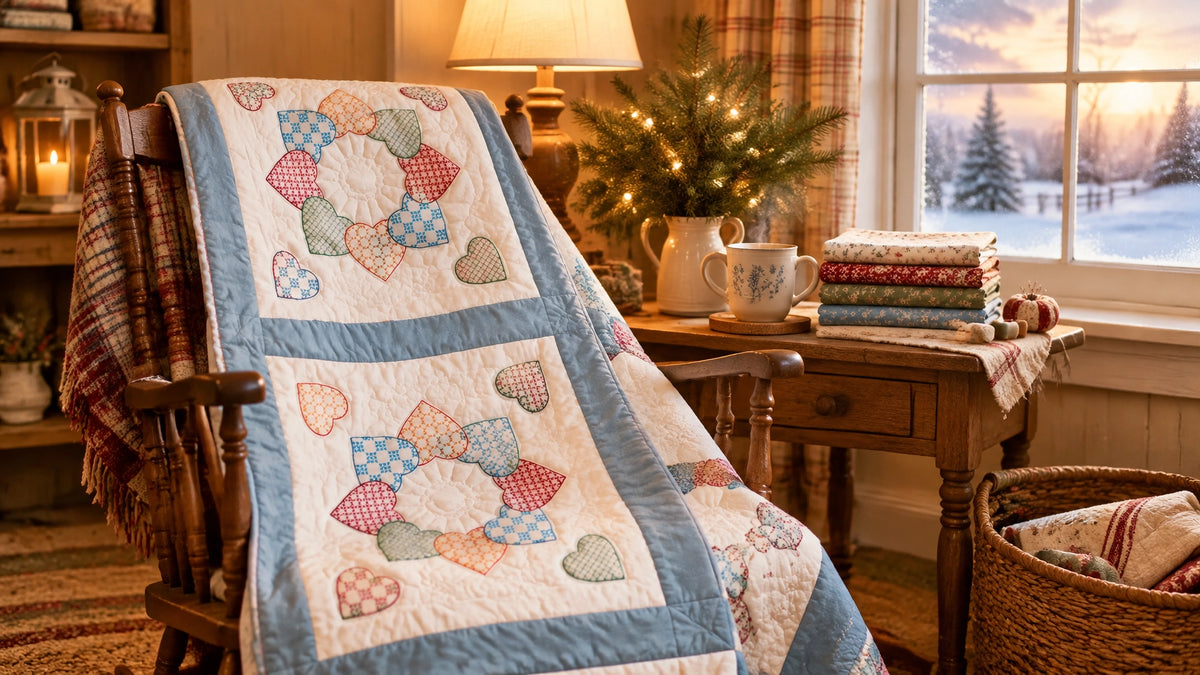 A cozy quilting corner glowing with warm Christmas lights, a handmade quilt, and a peaceful winter window
