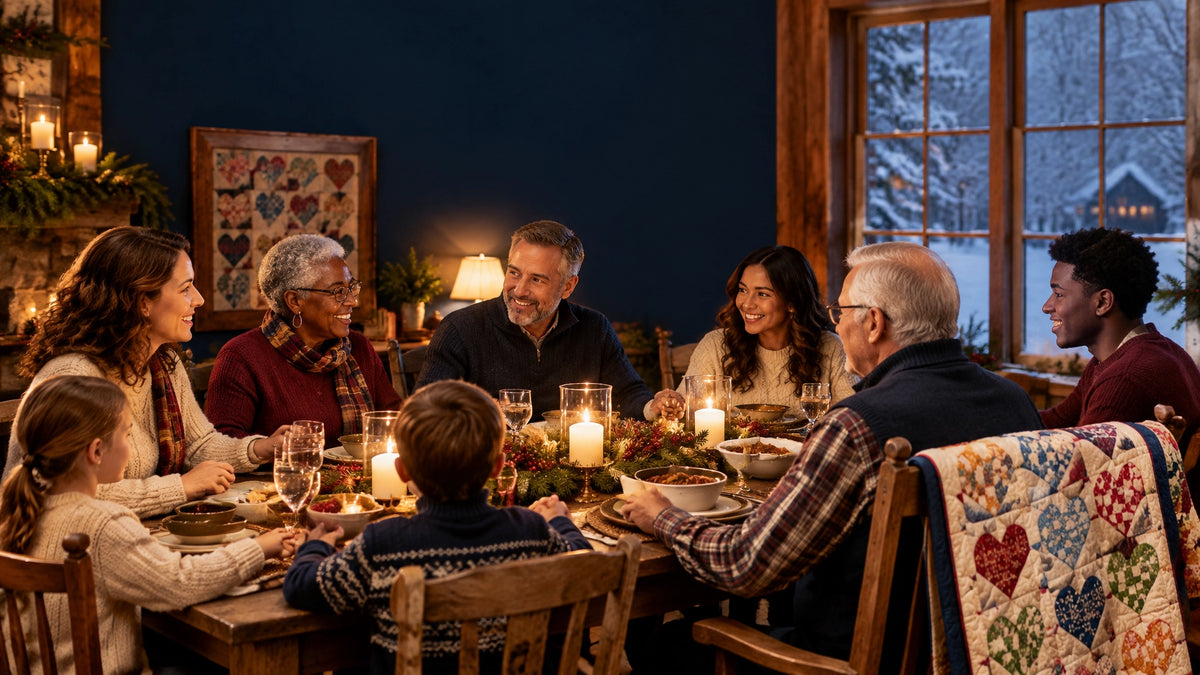 A warm holiday gathering around a rustic table with loved ones, candlelight, and a handmade quilt