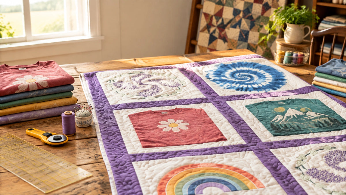 A finished T-shirt memory quilt displayed in a warm quilting studio