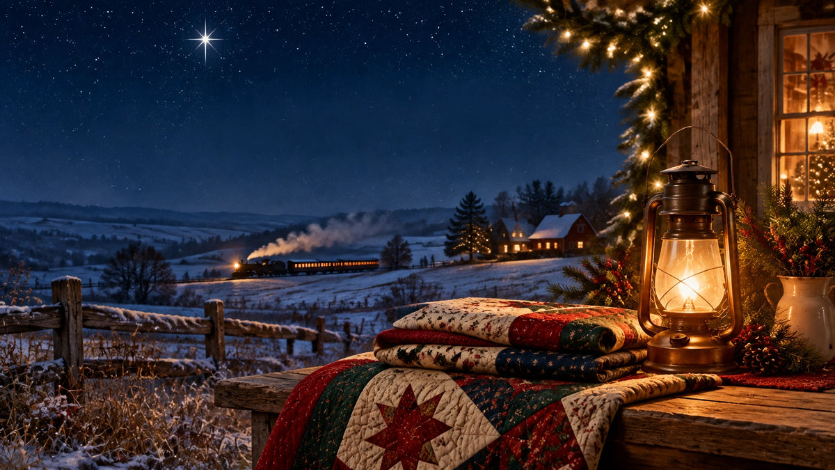 A glowing lantern beside handmade quilt fabric on a snowy winter evening