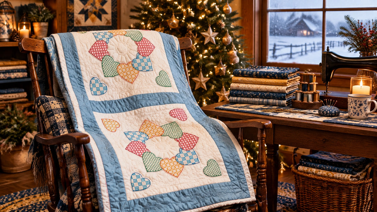 A cozy holiday sewing space with a handmade quilt, Christmas tree, and warm golden light