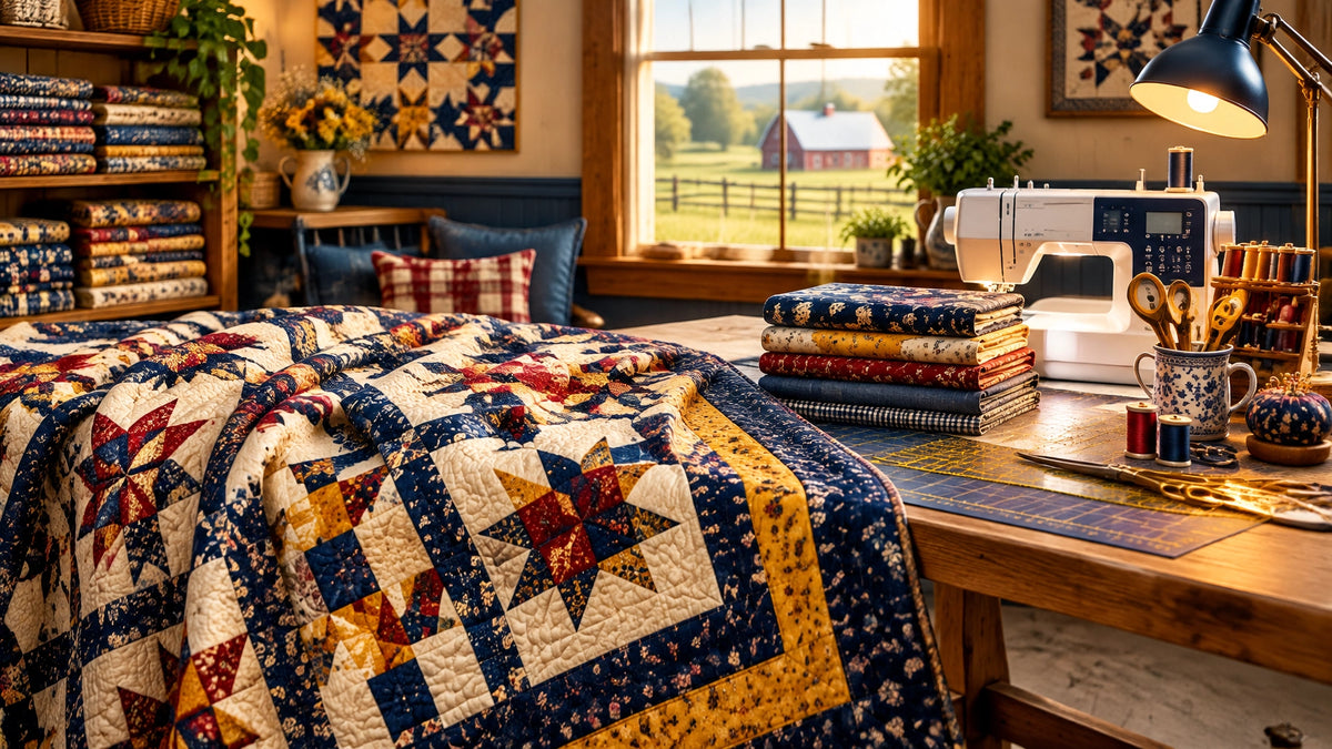 A welcoming quilting and sewing workspace with fabric, thread, tools, and a modern sewing machine