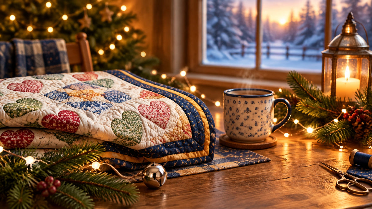 A cozy holiday quilting table with a handmade quilt, silver bell, evergreen branches, and warm Christmas lights