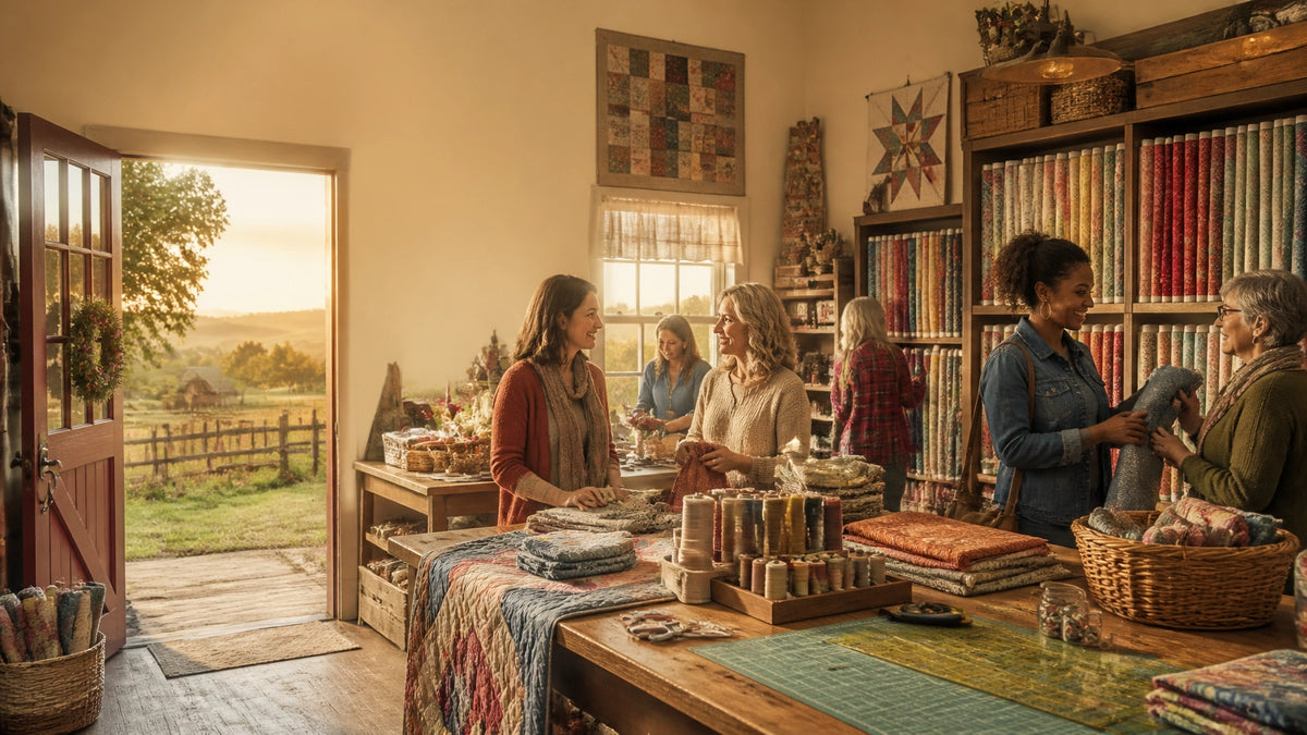 A welcoming quilting shop filled with colorful fabric, creative supplies, and makers sharing ideas