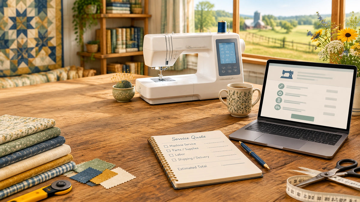 Sewing machine service budgeting workspace with a laptop, fabric, and service estimate notebook