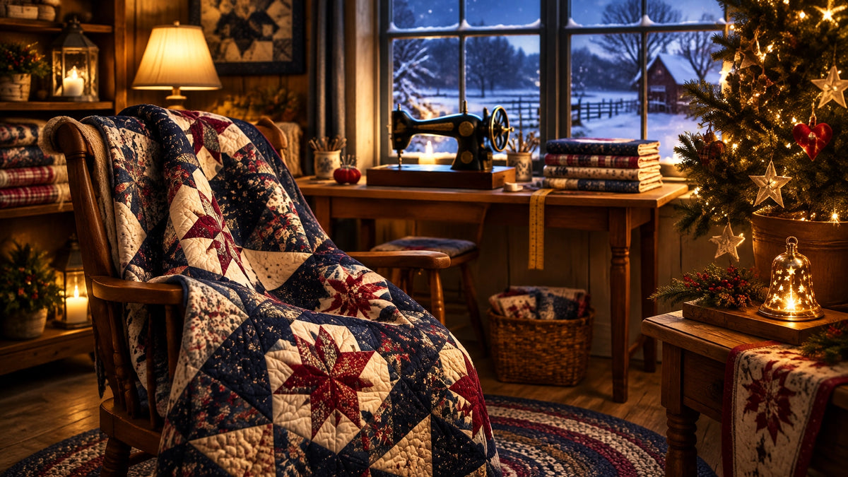 A cozy farmhouse sewing room glowing with warm holiday light, a handmade quilt, Christmas tree, and winter snow outside