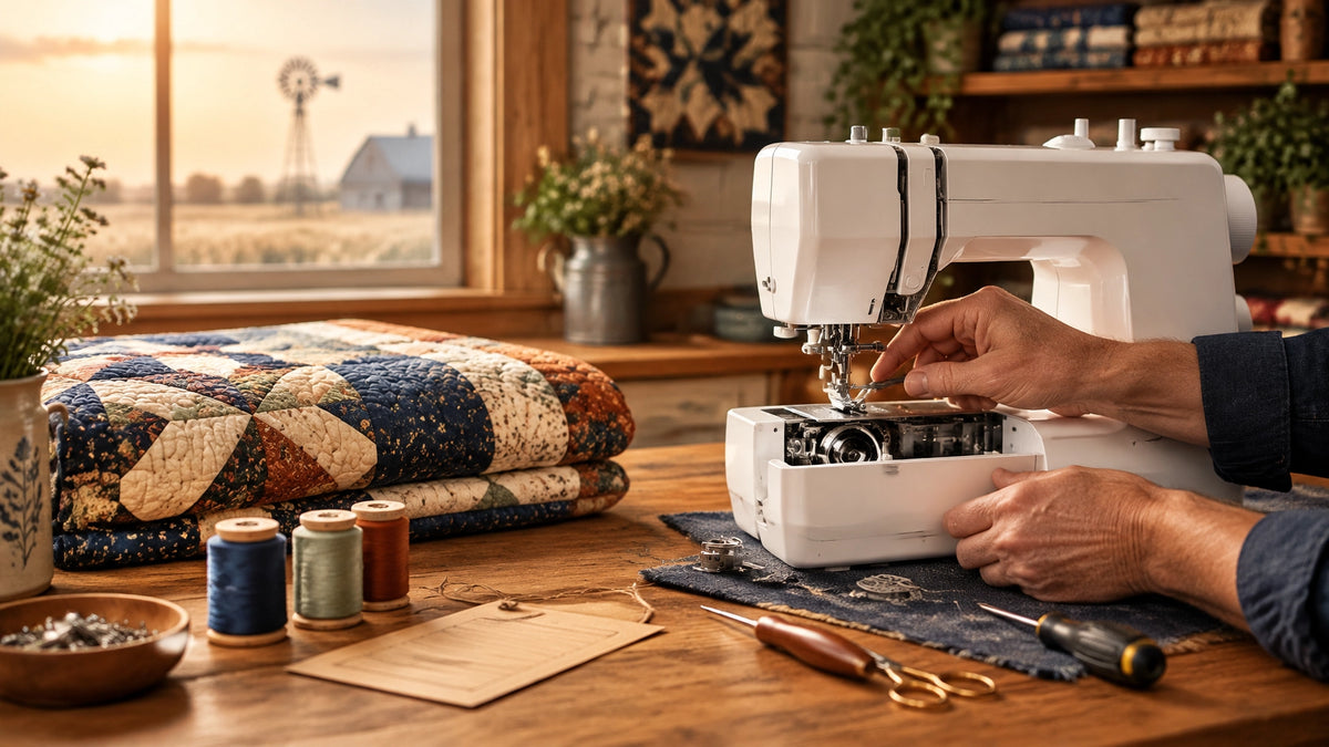 A professional technician carefully inspecting a sewing machine beside a folded quilt and thread spools