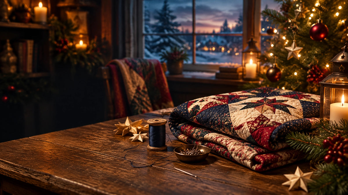 A cozy sewing table beside a softly glowing Christmas tree, with a handmade quilt and thread in warm holiday light