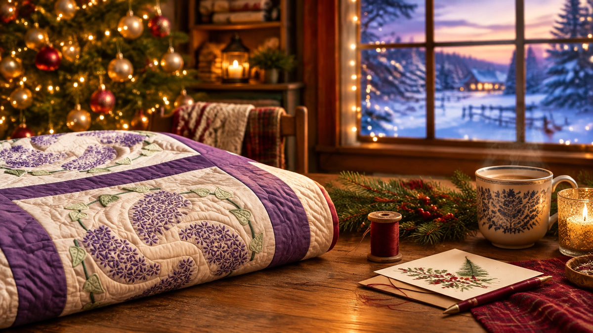 A cozy holiday craft table with a handmade quilt, glowing Christmas tree, and warm winter light