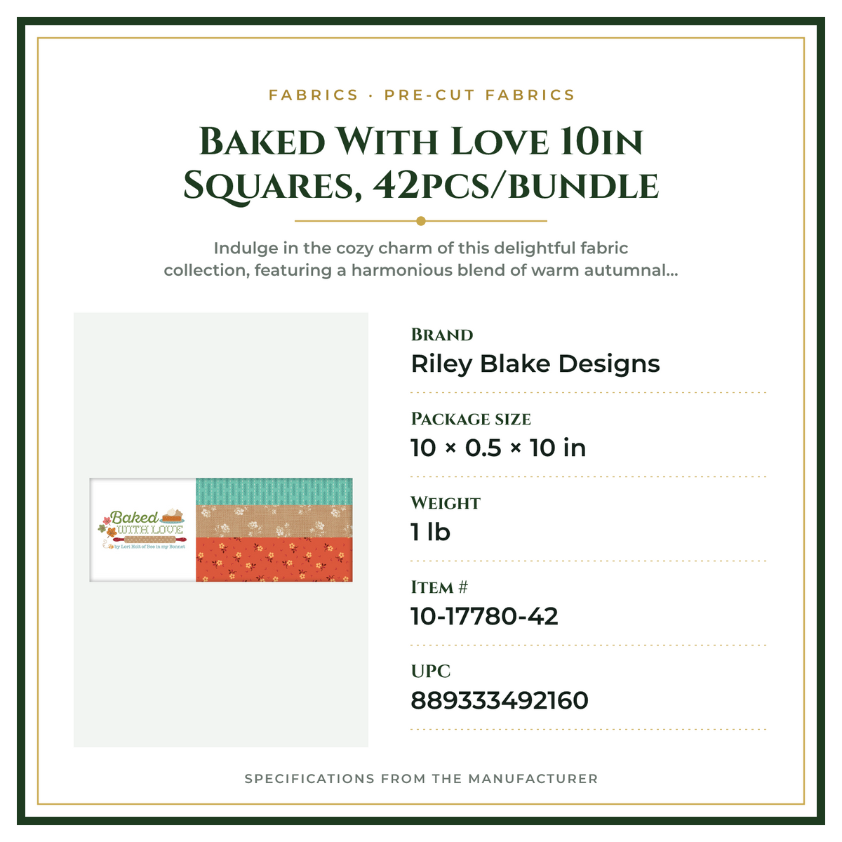 Product Specifications – Baked With Love 10in Squares, 42pcs/bundle