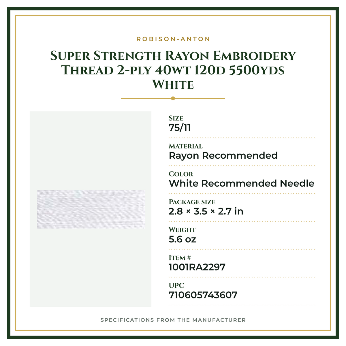Product Specifications – Super Strength Rayon Embroidery Thread 2-ply 40wt 120d 5500yds White