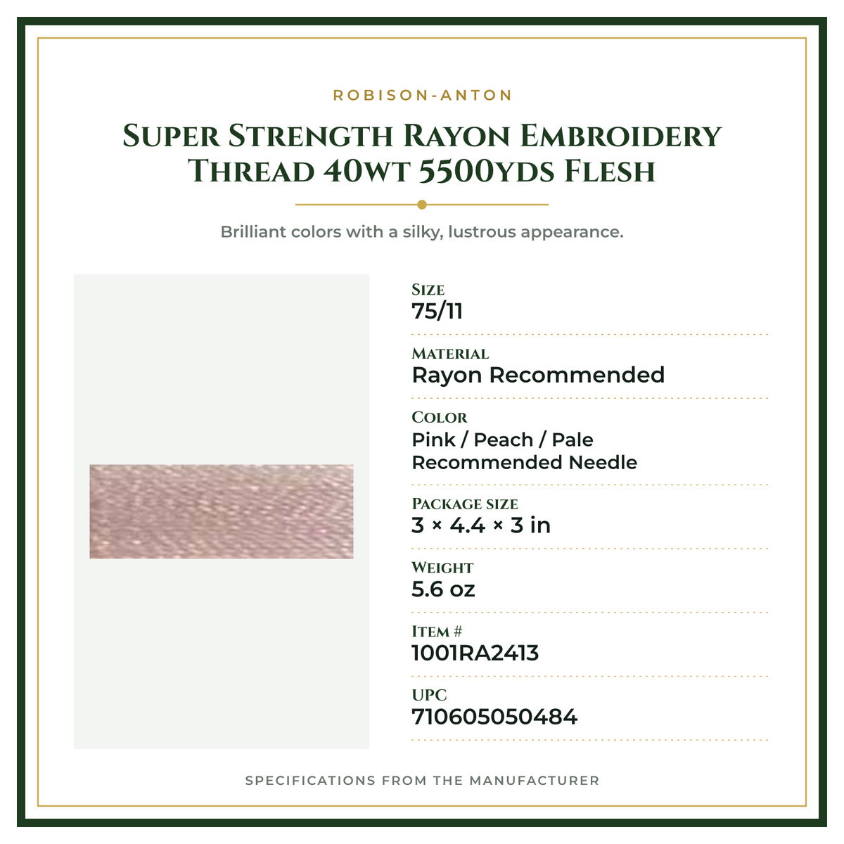 Product Specifications – Super Strength Rayon Embroidery Thread 40wt 5500yds Flesh