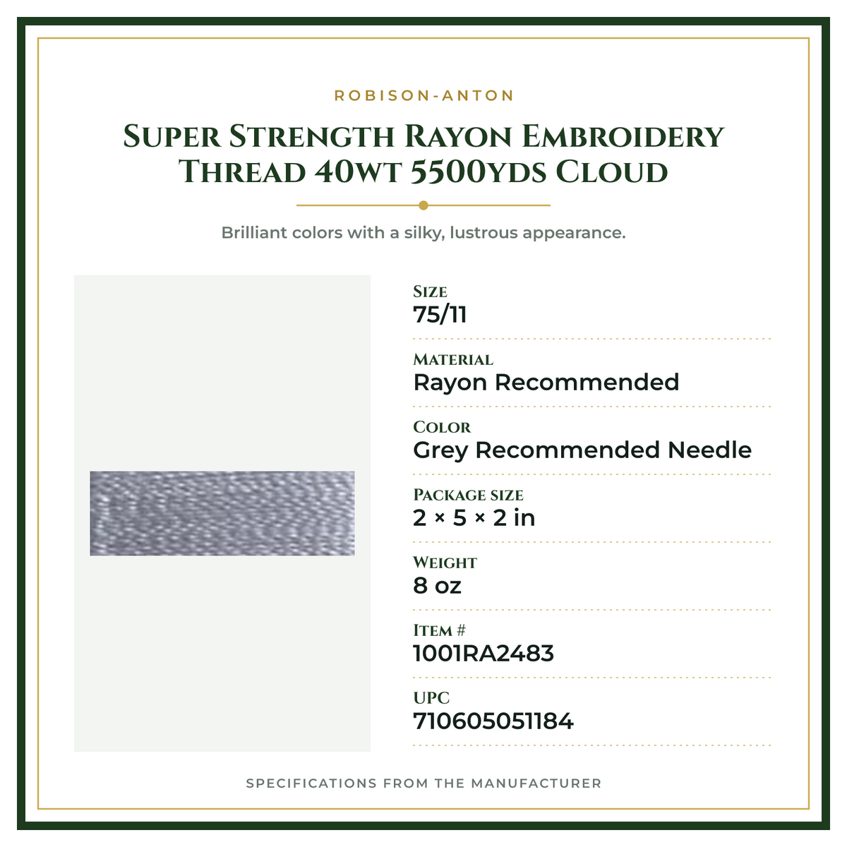 Product Specifications – Super Strength Rayon Embroidery Thread 40wt 5500yds Cloud