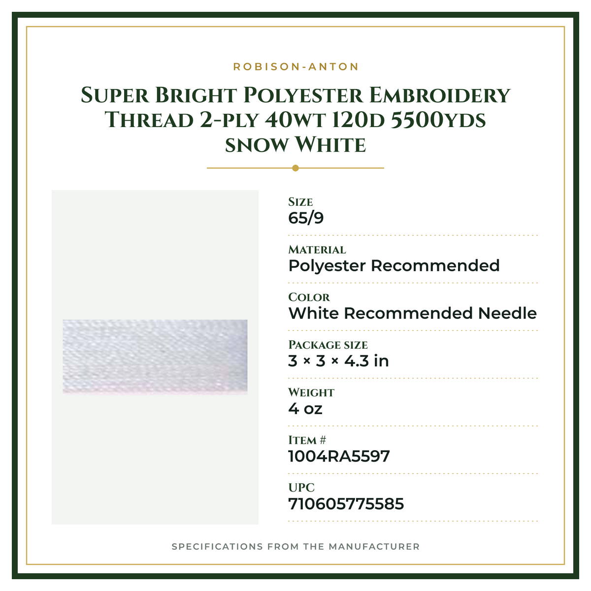 Product Specifications – Super Bright Polyester Embroidery Thread 2-ply 40wt 120d 5500yds snow White