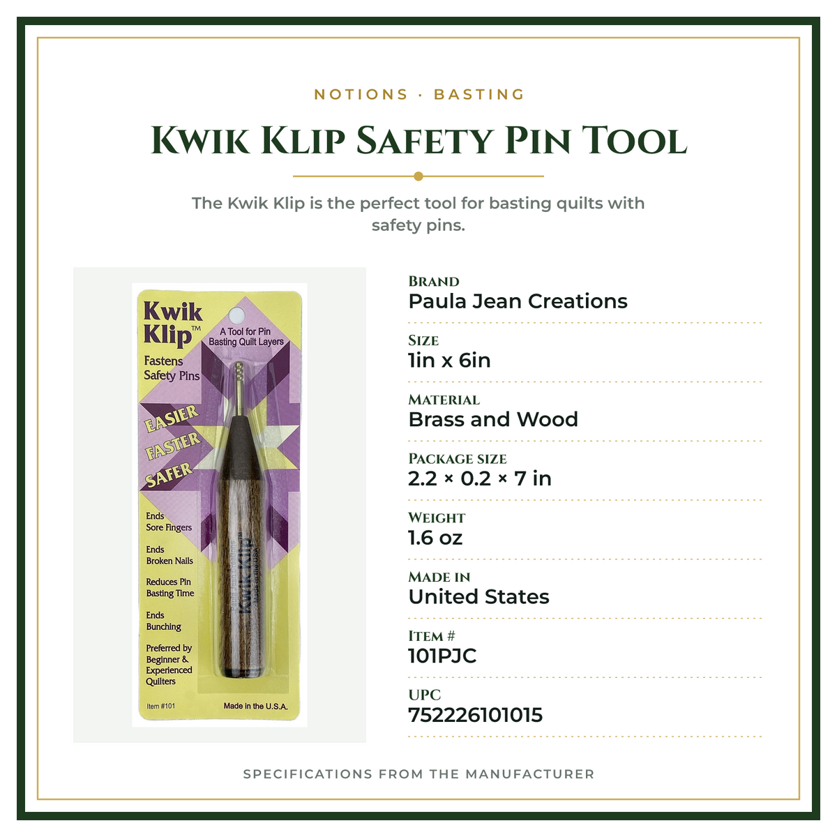 Product Specifications – Kwik Klip Safety Pin Tool