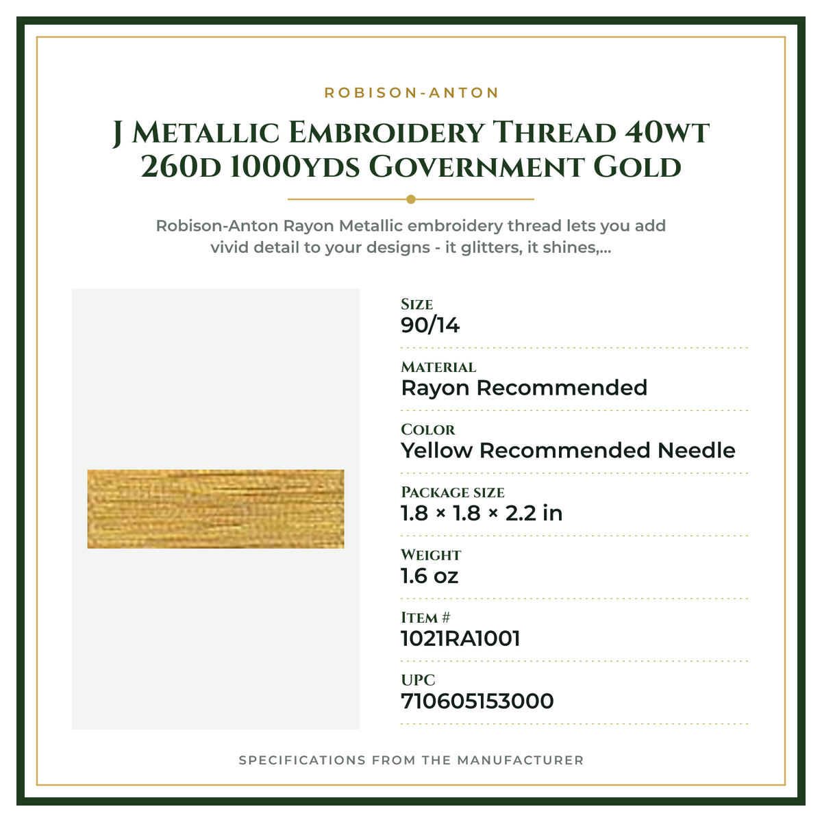 Product Specifications – J Metallic Embroidery Thread 40wt 260d 1000yds Government Gold