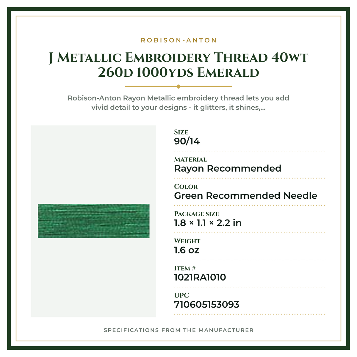 Product Specifications – J Metallic Embroidery Thread 40wt 260d 1000yds Emerald