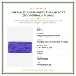 Product Specifications – J Metallic Embroidery Thread 40wt 260d 1000yds Purple