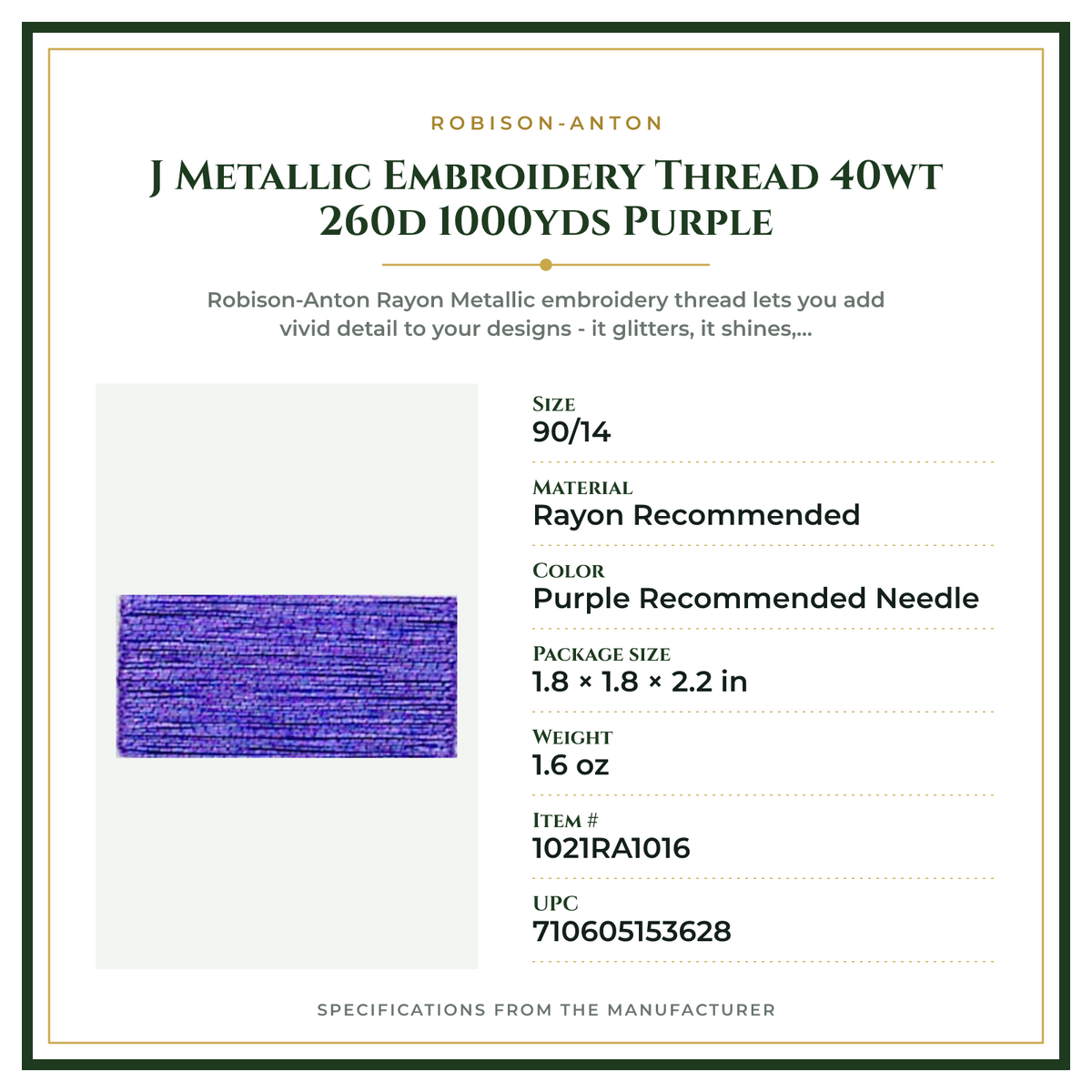 Product Specifications – J Metallic Embroidery Thread 40wt 260d 1000yds Purple