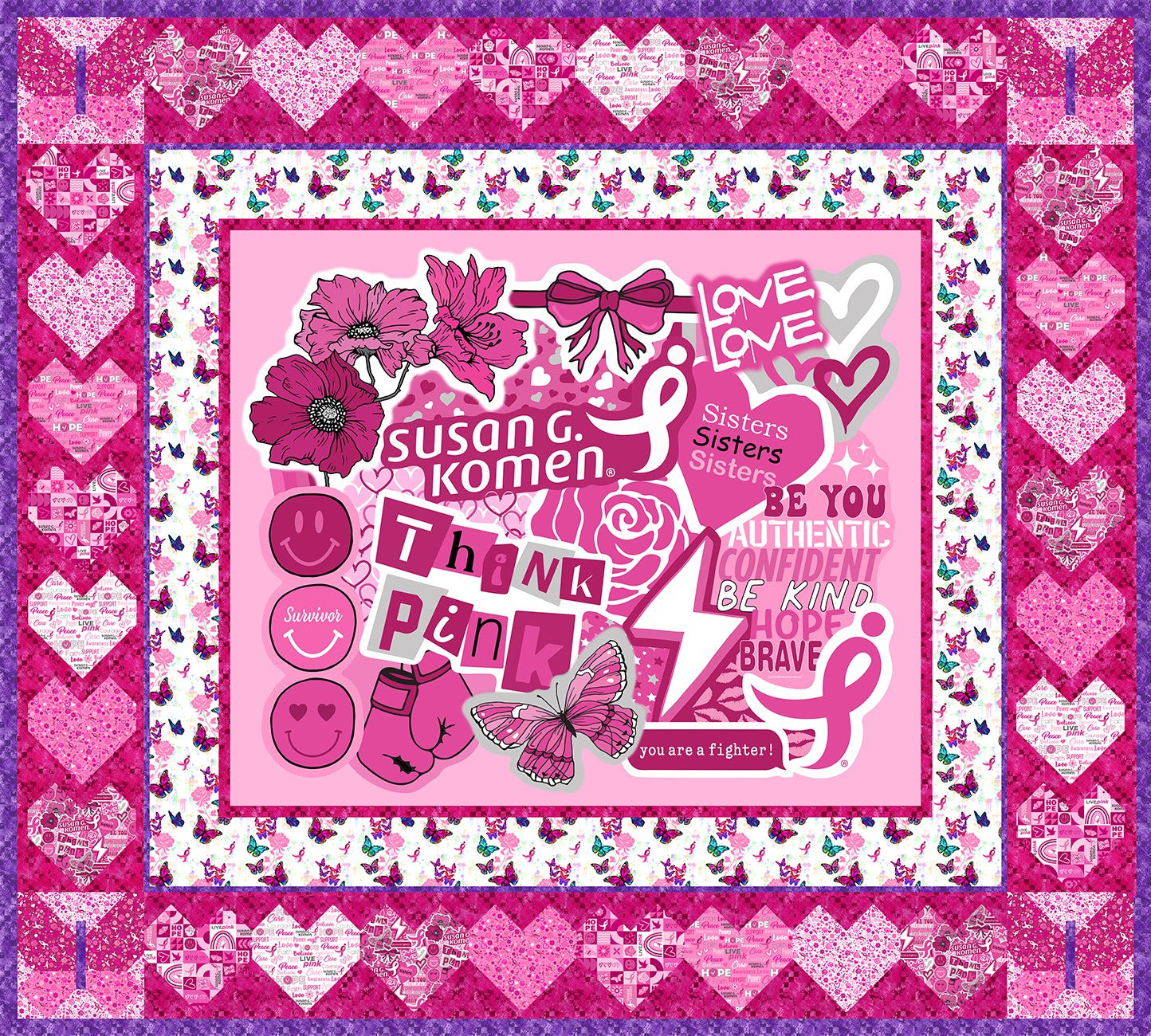 Susan G Komen-Pink Ribbon Digital Quilt Top Panel-54"x 60"-Free with Case Pack