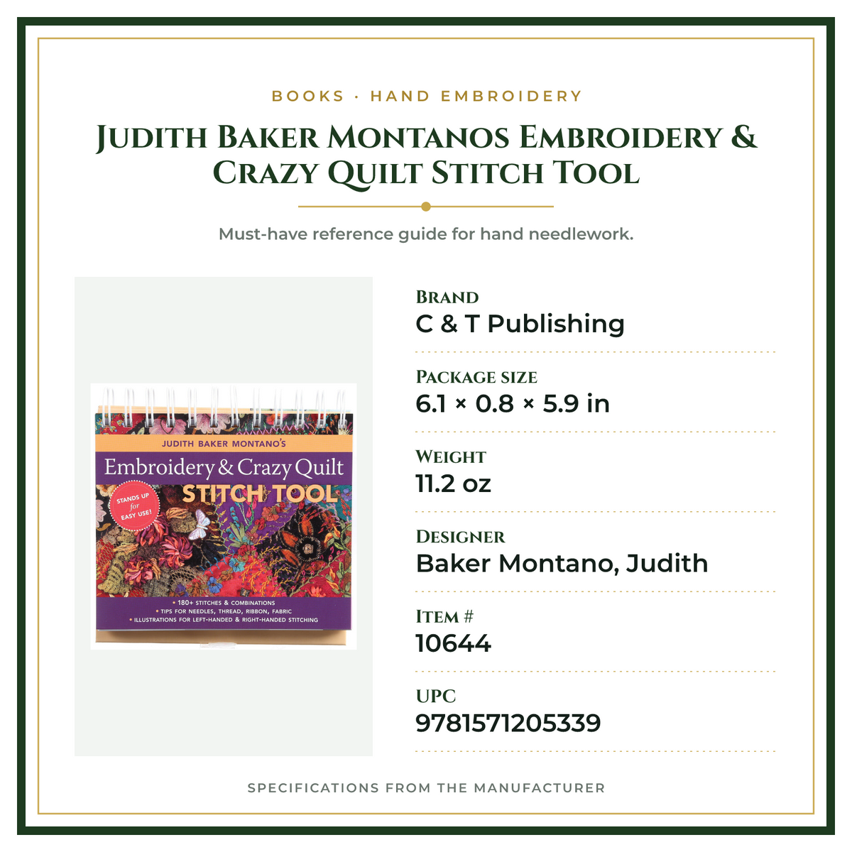 Product Specifications – Judith Baker Montanos Embroidery & Crazy Quilt Stitch Tool