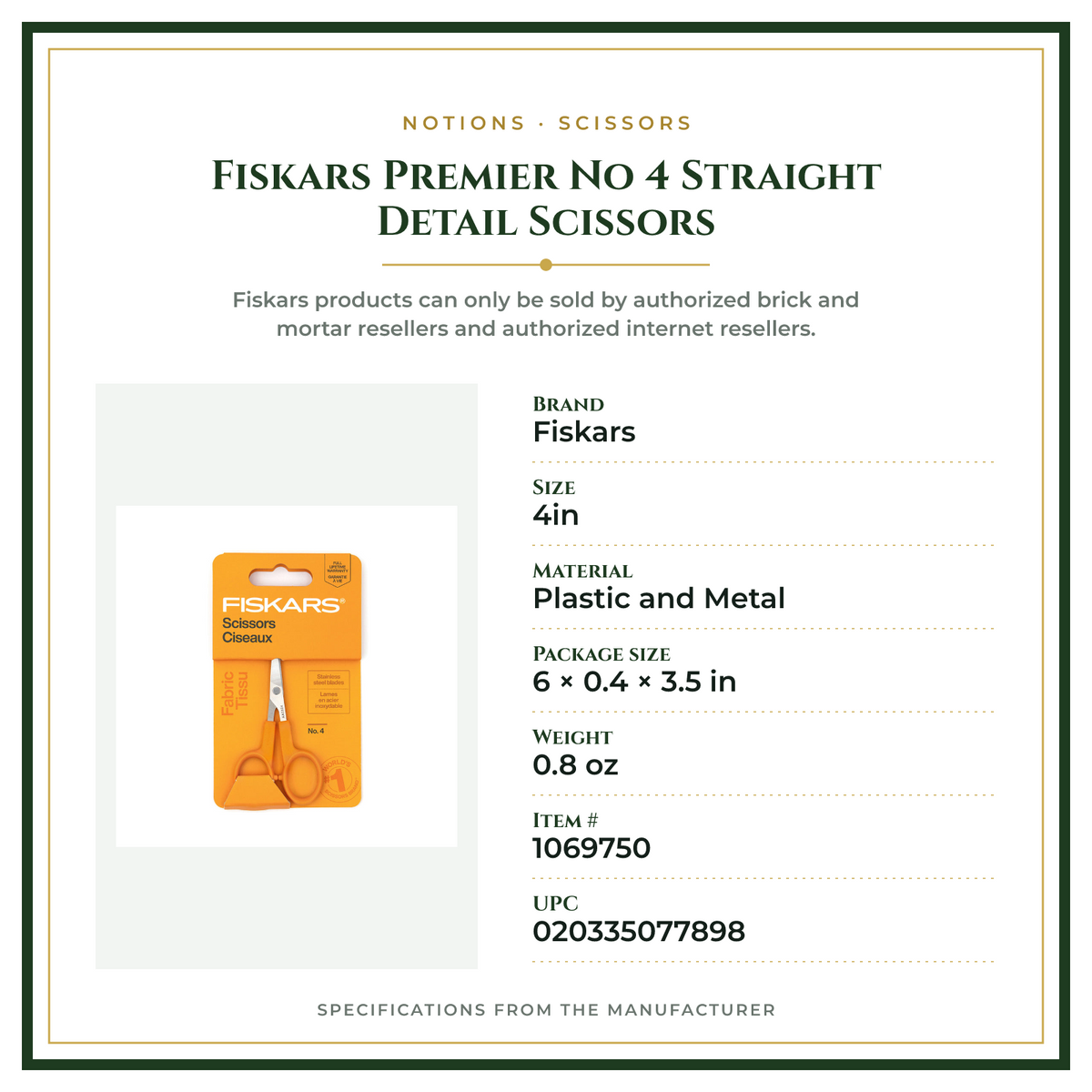 Product Specifications – Fiskars Premier No 4 Straight Detail Scissors