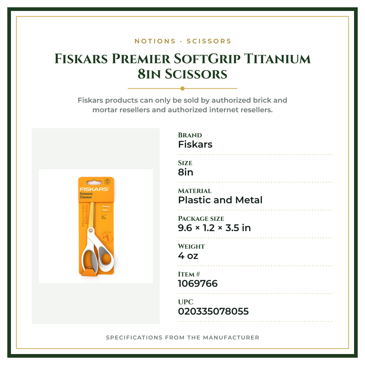 Product Specifications – Fiskars Premier SoftGrip Titanium 8in Scissors