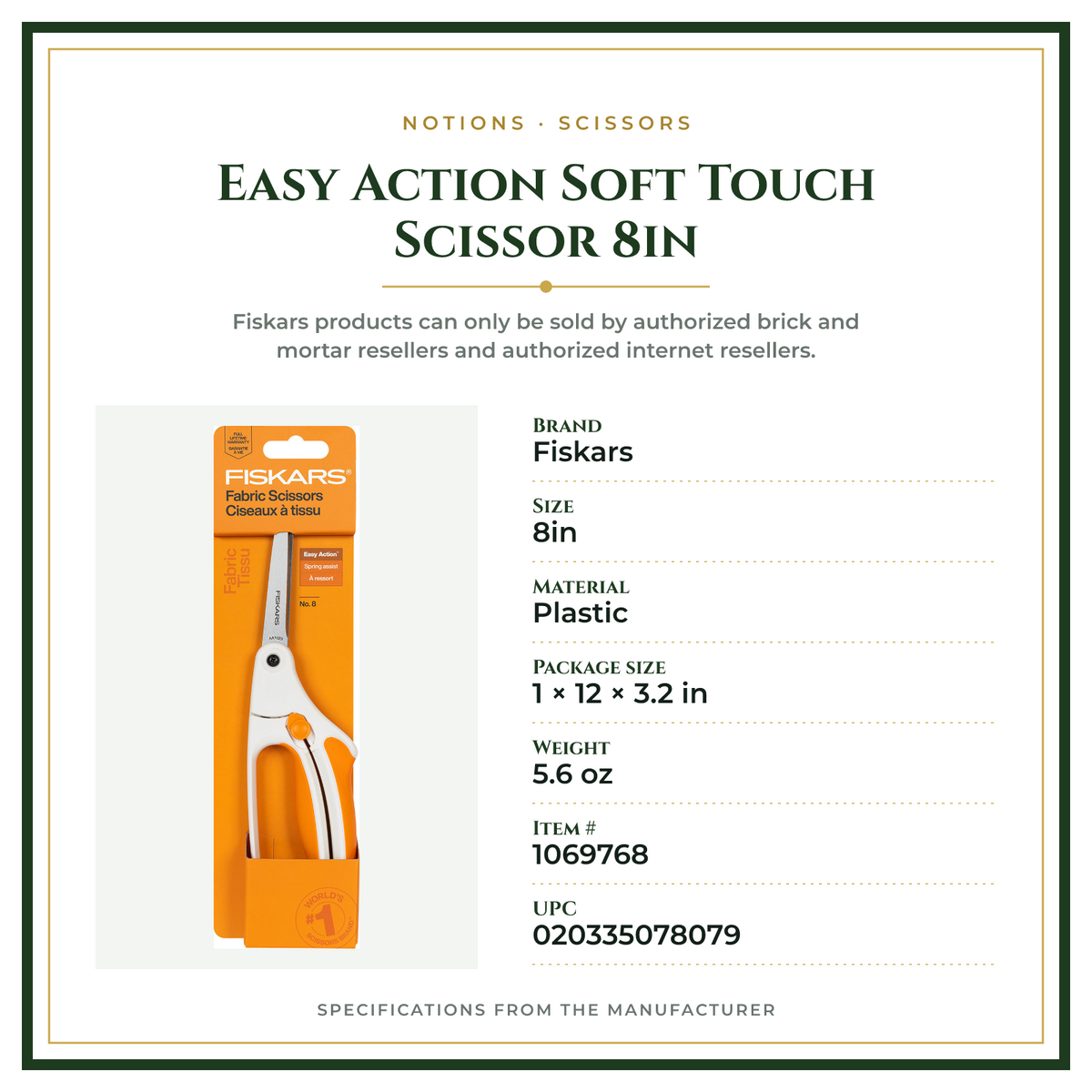 Product Specifications – Easy Action Soft Touch Scissor 8in