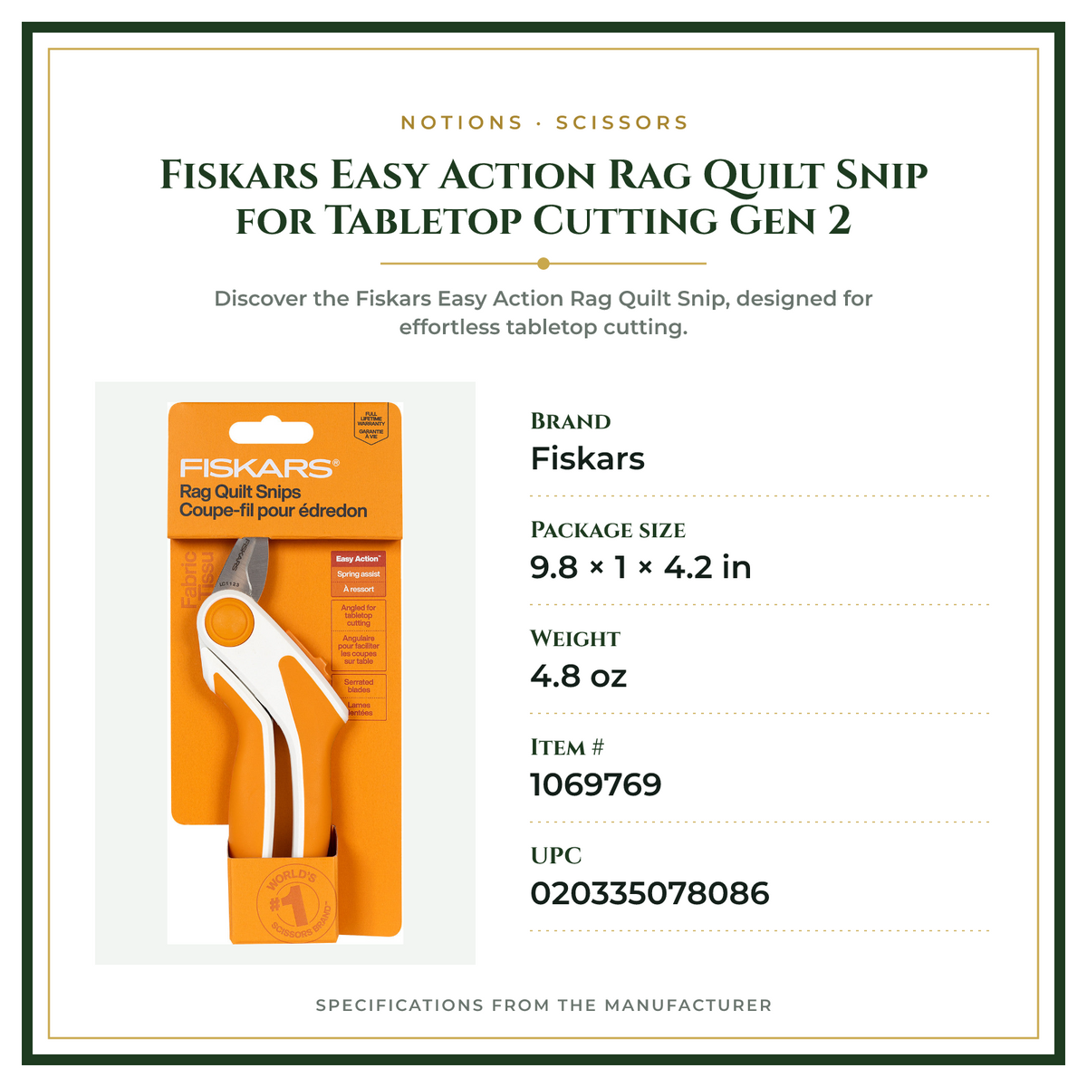 Product Specifications – Fiskars Easy Action Rag Quilt Snip for Tabletop Cutting Gen 2