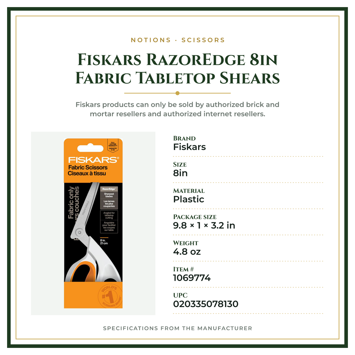 Product Specifications – Fiskars RazorEdge 8in Fabric Tabletop Shears
